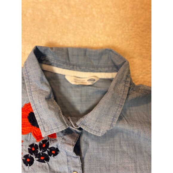 Womens Chambray Embroidered Floral Button-Up Shirt L Old Navy - Picture 6 of 14